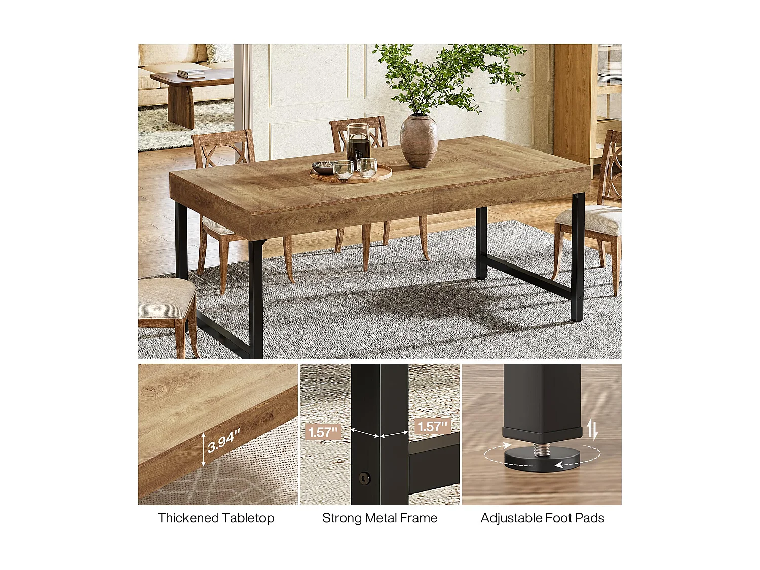 Table de salle à manger rectangulaire industrielle pour 4 à 6 personnes, 140 cm Table à Manger, avec pieds en métal robustes pour la maison, la salle à manger, peti