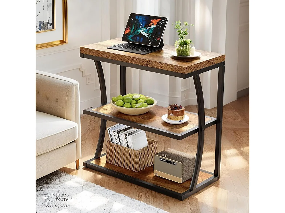 Petite table d'appoint étroite en métal de style maison de campagne pour le salon, table de chevet fine en bois avec espace de rangement pour chambre à coucher, pet