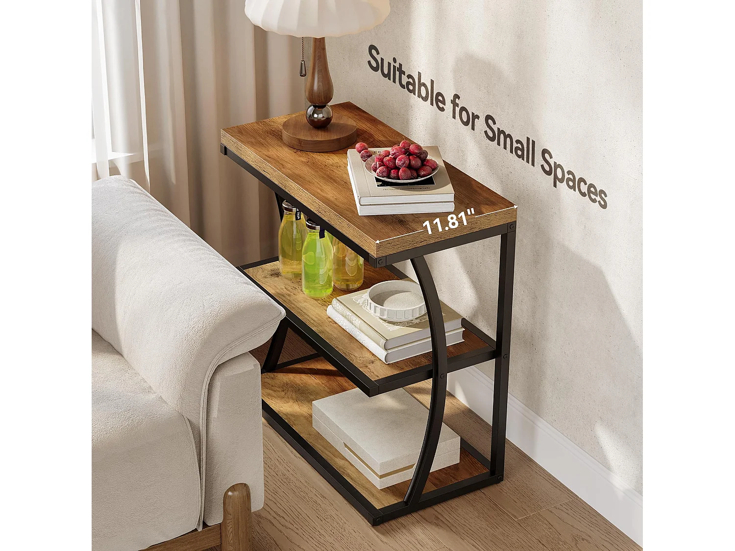 Petite table d'appoint étroite en métal de style maison de campagne pour le salon, table de chevet fine en bois avec espace de rangement pour chambre à coucher, pet
