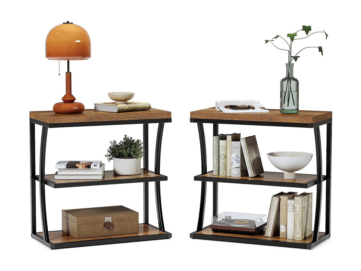 Petite table d'appoint étroite en métal de style maison de campagne pour le salon, table de chevet fine en bois avec espace de rangement pour chambre à coucher, pet