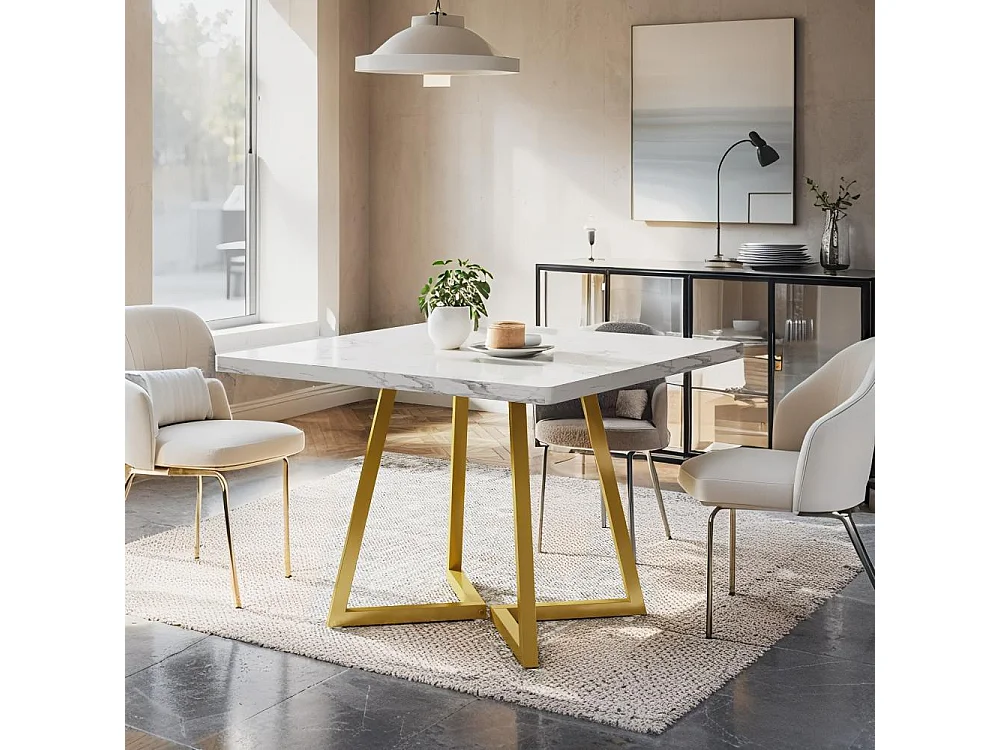 Table de salle à manger carrée pour 2, table à manger moderne de 80 cm avec base en métal, table de cuisine pour salle à manger, petit espace,blanc et doré