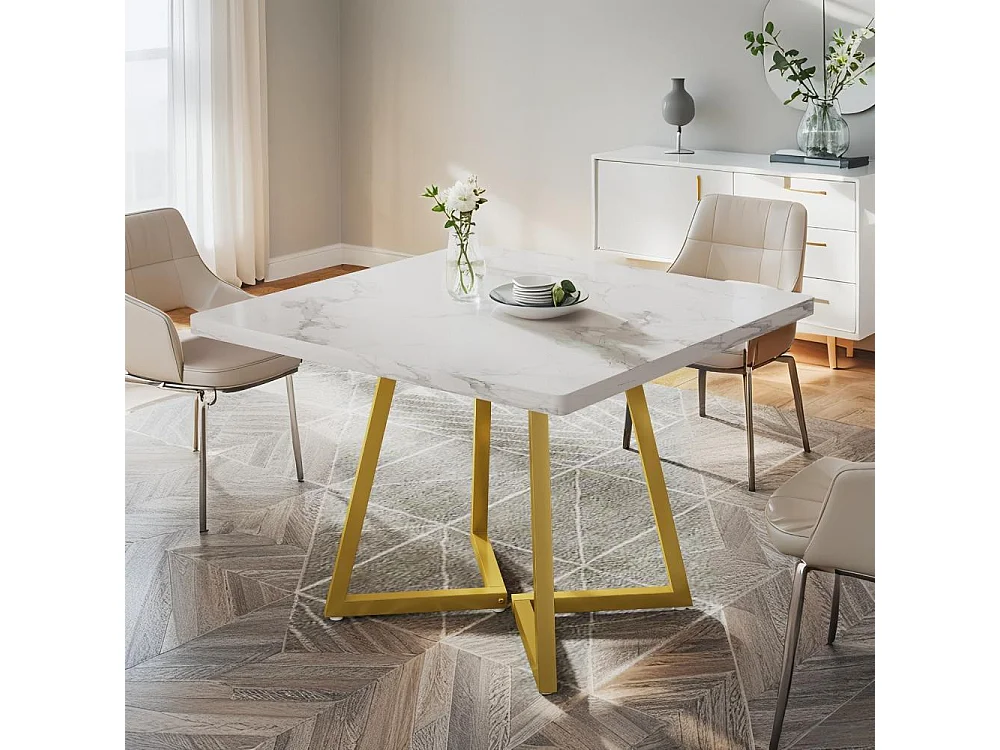 Table de salle à manger carrée pour 2, table à manger moderne de 80 cm avec base en métal, table de cuisine pour salle à manger, petit espace,blanc et doré