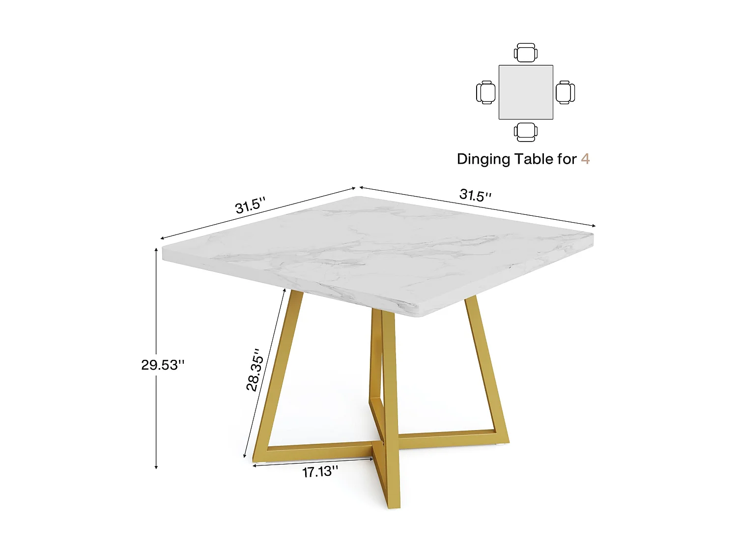 Table de salle à manger carrée pour 2, table à manger moderne de 80 cm avec base en métal, table de cuisine pour salle à manger, petit espace,blanc et doré