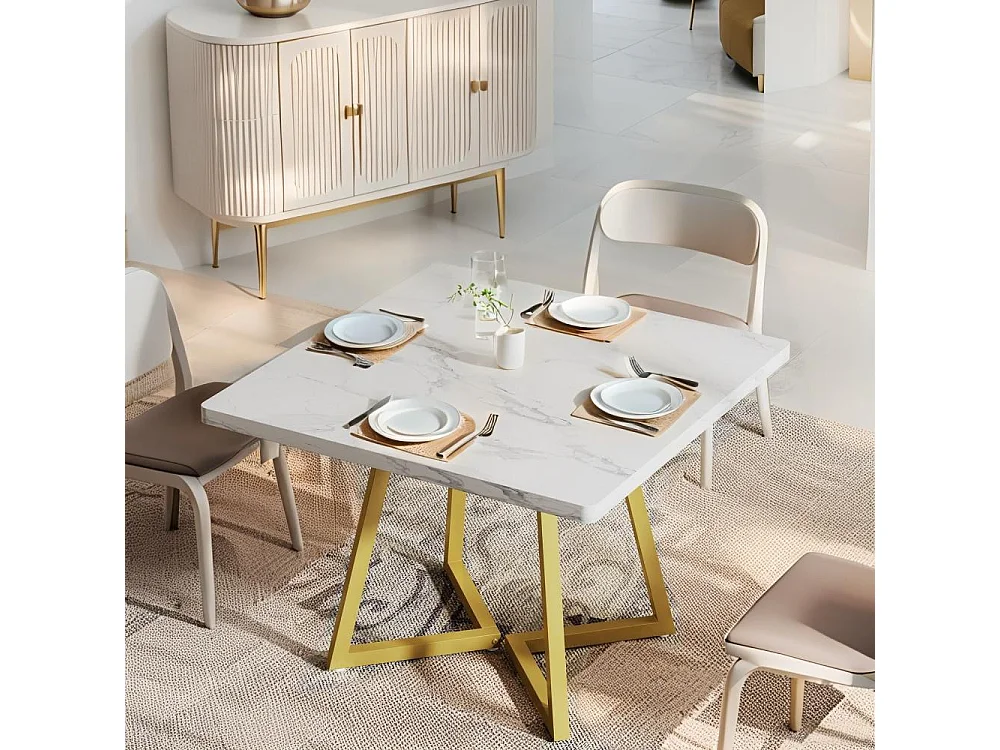 Table de salle à manger carrée pour 2, table à manger moderne de 80 cm avec base en métal, table de cuisine pour salle à manger, petit espace,blanc et doré