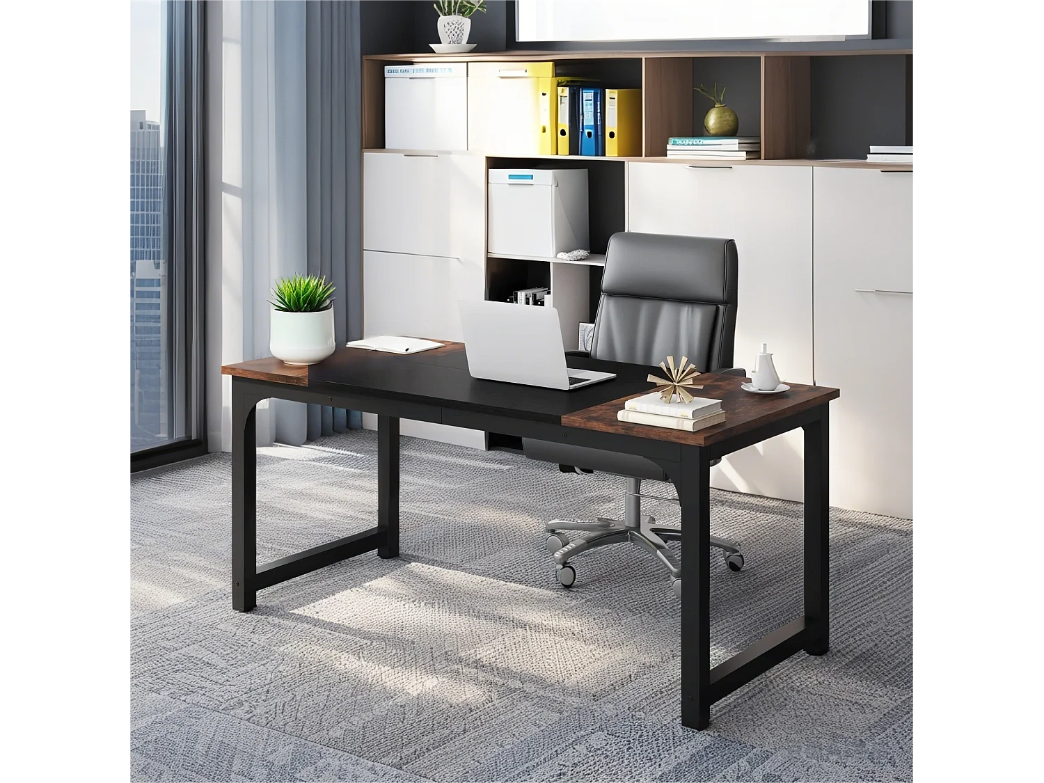 Bureau Informatique 160x80x75cm - Poste de Travail pour Ordinateur Portable - Table d’Étude Robuste - Structure Métal Marron et Noir