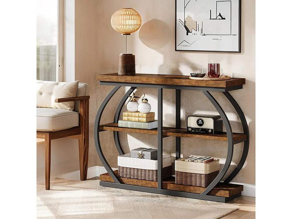 Table console étroite à 3 niveaux ,105 cm ,Table d'appoint avec 4 étagères cubiques ,Pour salon, couloir, entrée, Marron rustique