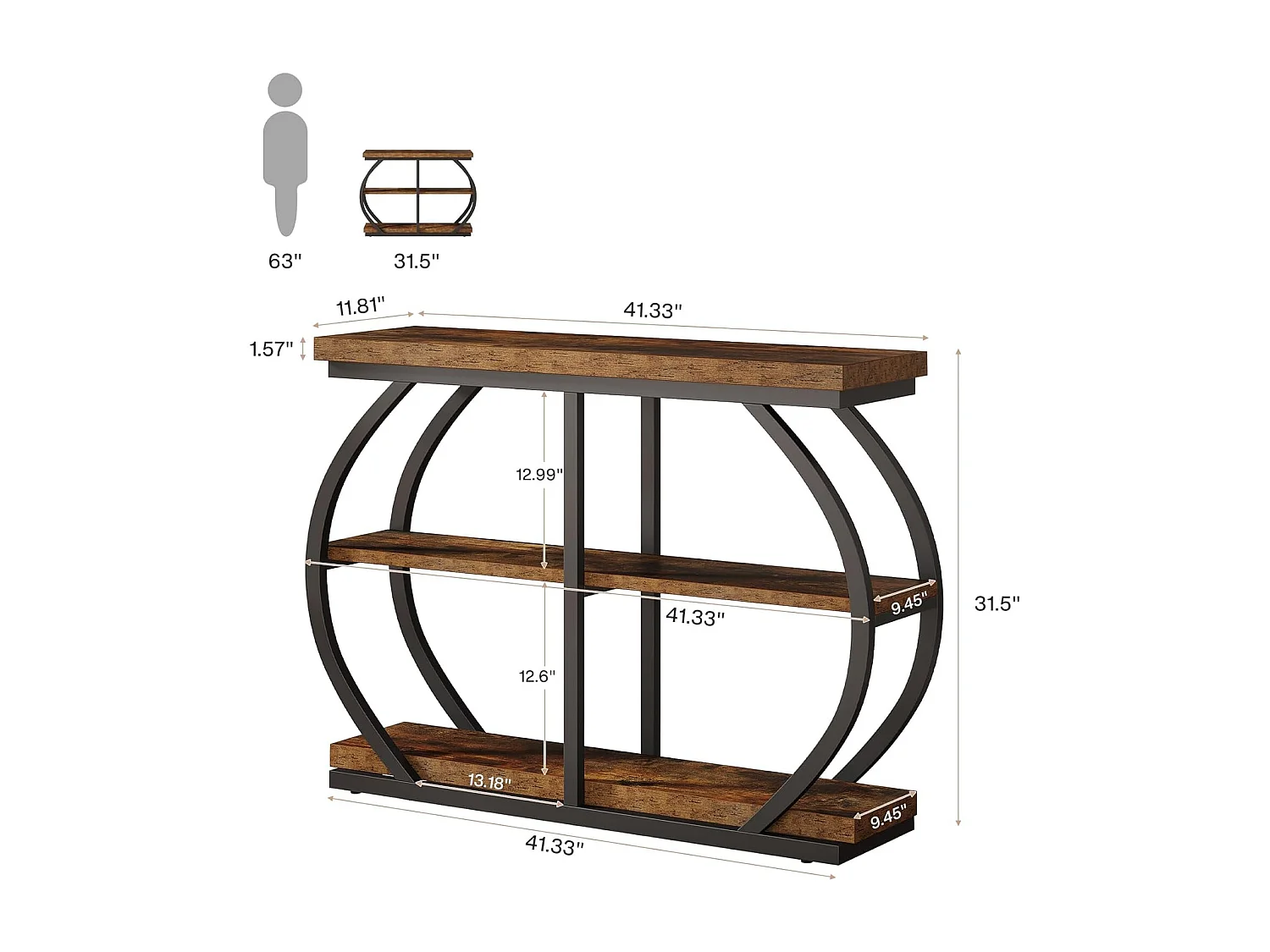 Table console étroite à 3 niveaux ,105 cm ,Table d'appoint avec 4 étagères cubiques ,Pour salon, couloir, entrée, Marron rustique