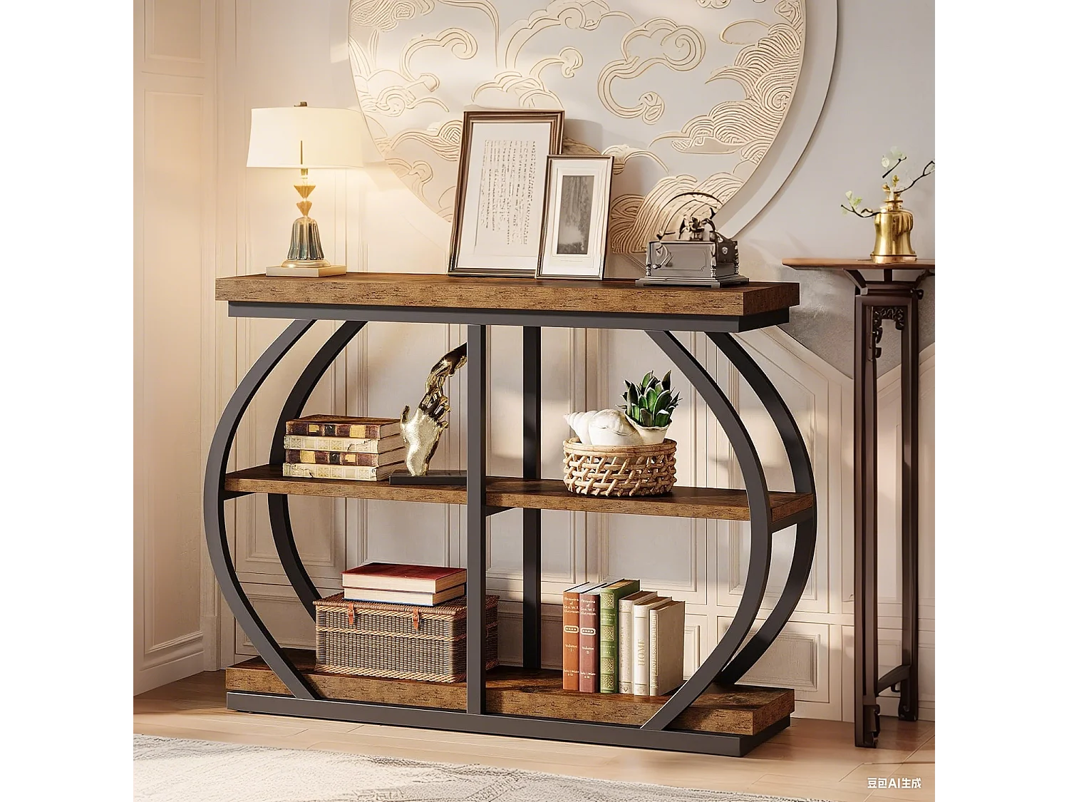 Table console étroite à 3 niveaux ,105 cm ,Table d'appoint avec 4 étagères cubiques ,Pour salon, couloir, entrée, Marron rustique