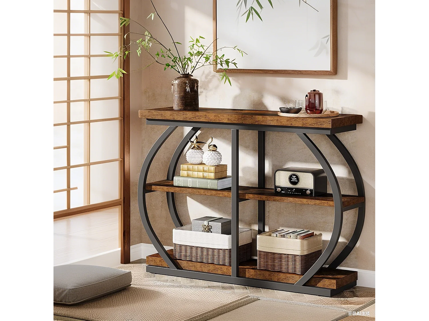 Table console étroite à 3 niveaux ,105 cm ,Table d'appoint avec 4 étagères cubiques ,Pour salon, couloir, entrée, Marron rustique