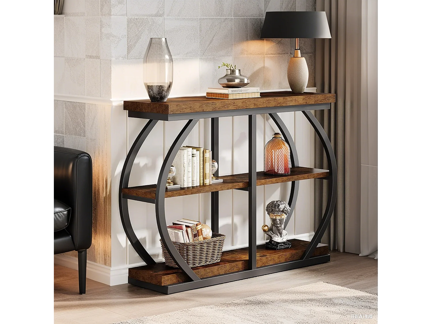 Table console étroite à 3 niveaux ,105 cm ,Table d'appoint avec 4 étagères cubiques ,Pour salon, couloir, entrée, Marron rustique