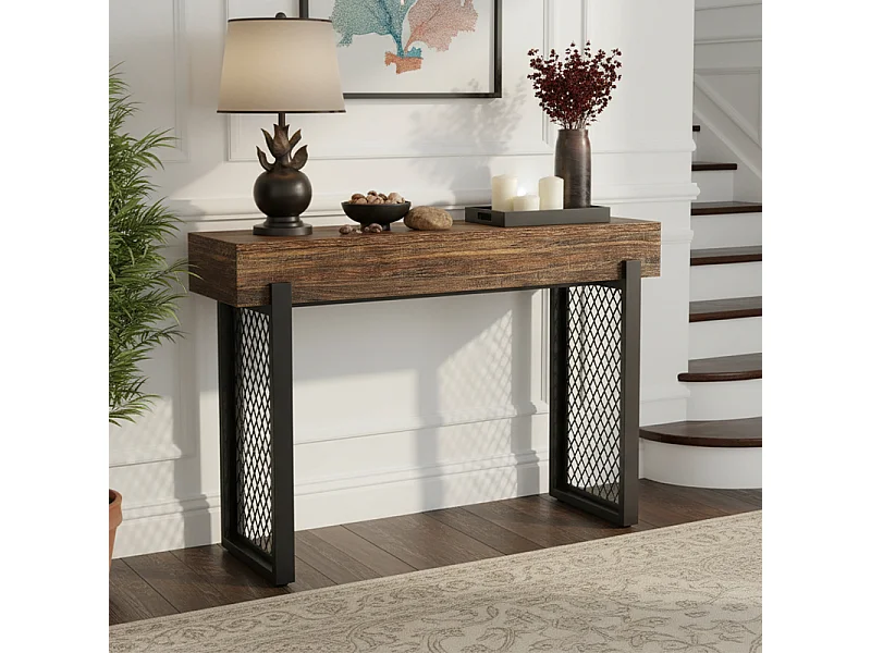 Console Meuble , Console d’entrée industrielle, Tables d'entrée de 105 cm Table de canapé étroite pour Salon, Marron Noir