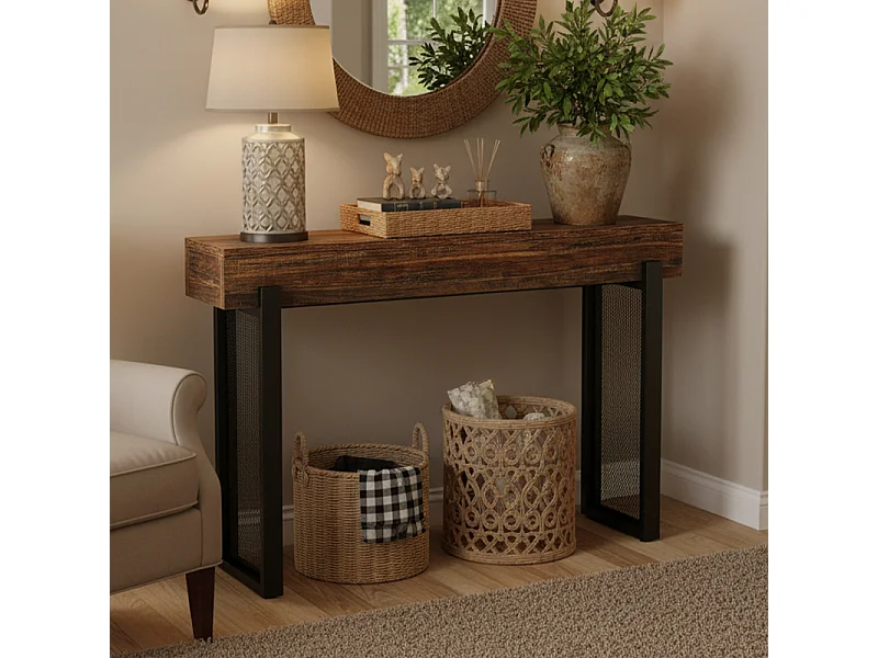 Console Meuble , Console d’entrée industrielle, Tables d'entrée de 105 cm Table de canapé étroite pour Salon, Marron Noir