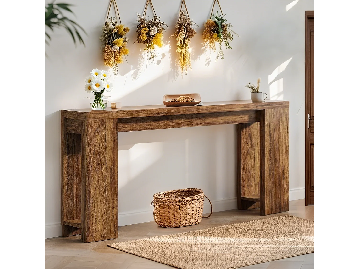 Table Console, 160 x 29,5 x 85 cm, Table d'entrée en Bois de Style Maison de Campagne pour entrée, Couloir, Salon, Marron Foncé
