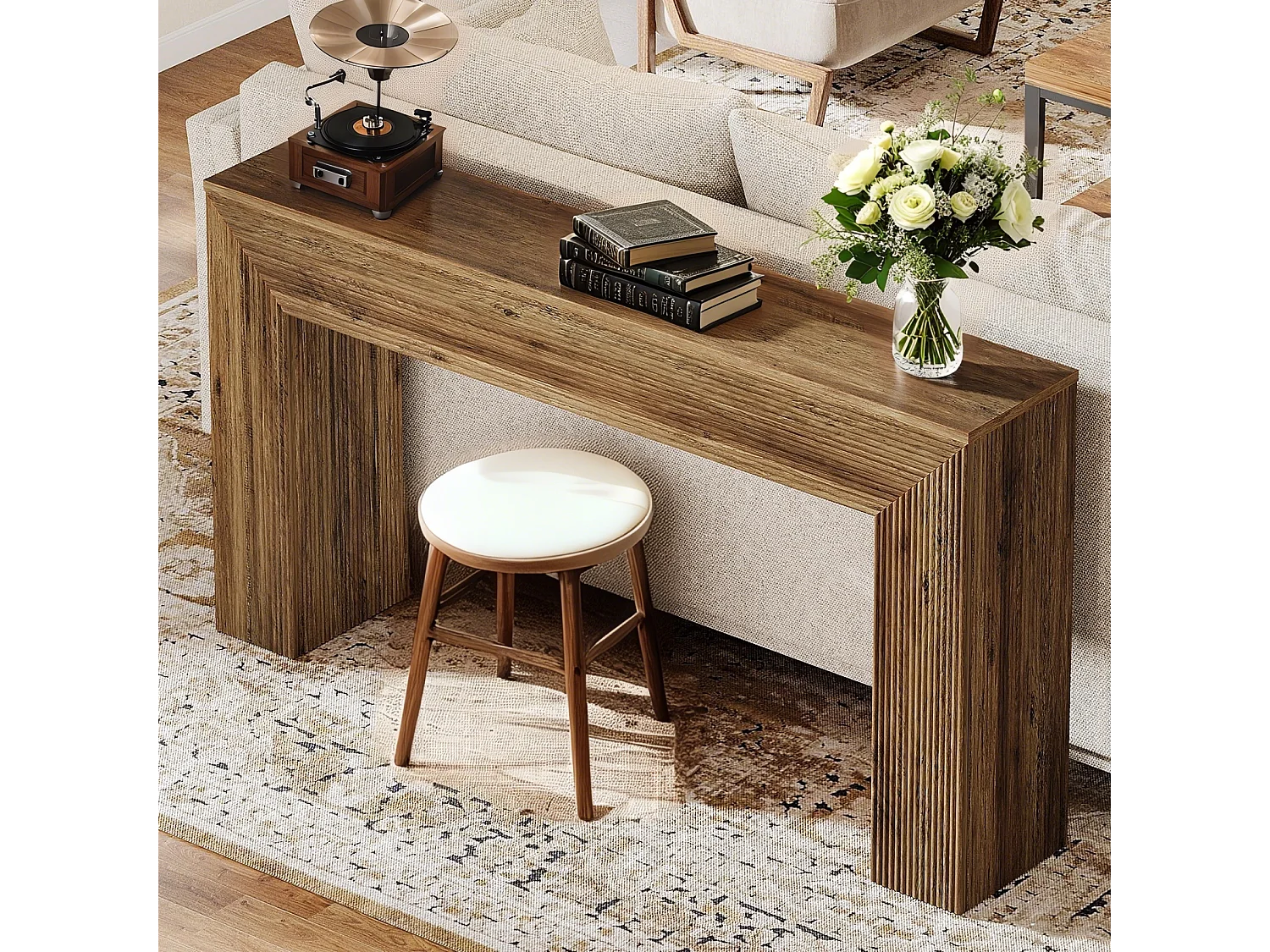 Table Console 160 cm, Industrielle Table d'entrée  avec étagères de Rangement, Table d'appoint en Bois pour Couloir, Salon, entrée, Marron foncé