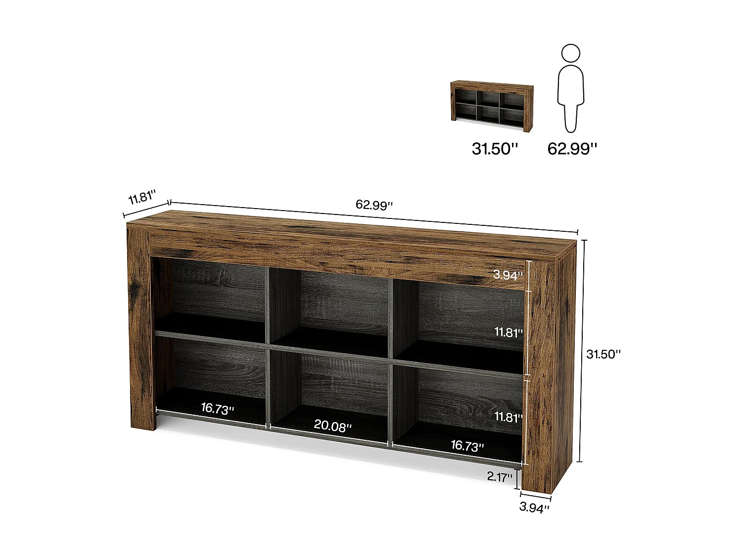 Table Console, 160 x 30 x 80 cm, Table d'appoint, Table d'entrée en Bois Rustique avec 6 Cubes de Rangement pour Entrée, Couloir, Salon, Marron Vintage