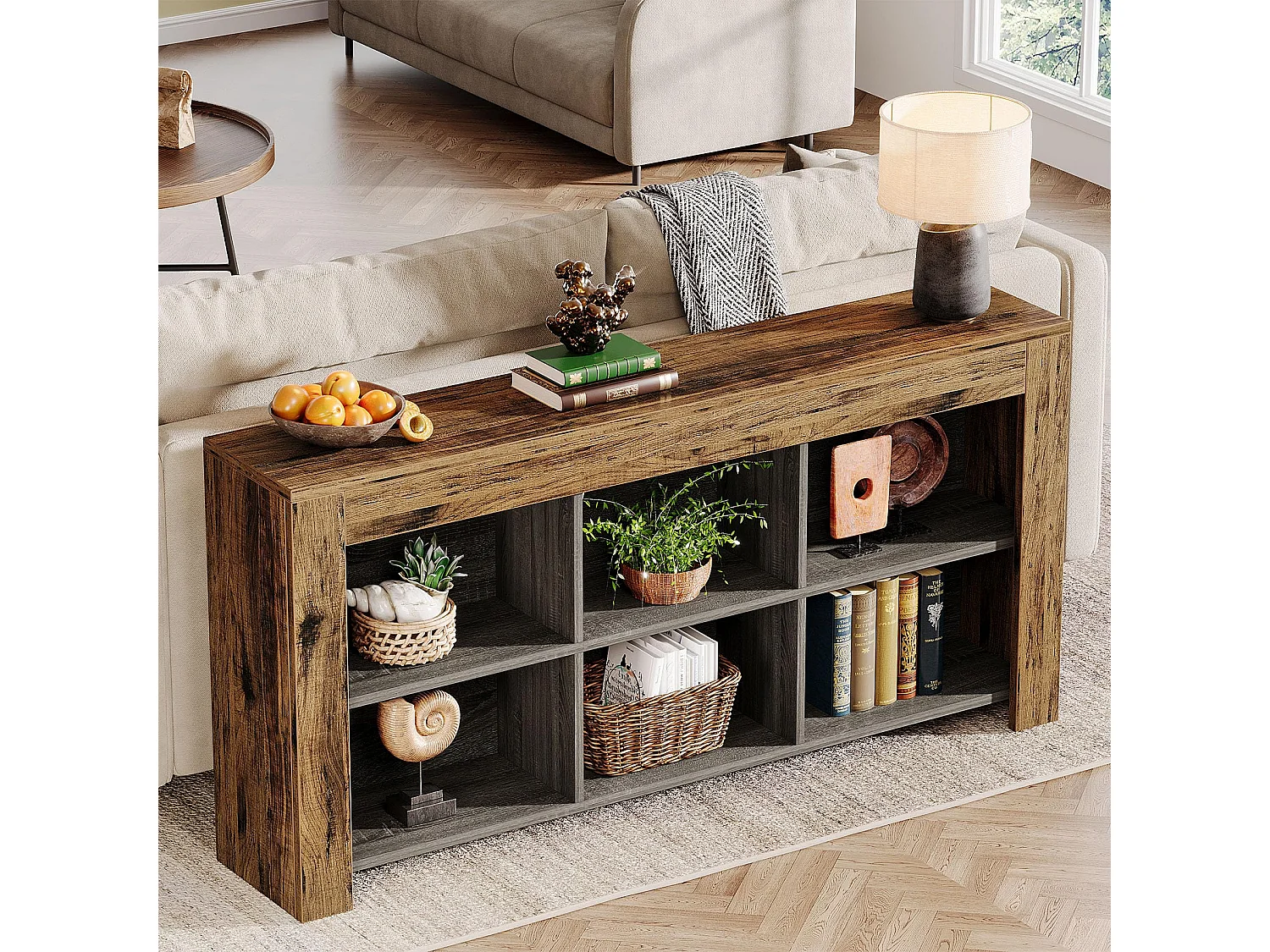 Table Console, 160 x 30 x 80 cm, Table d'appoint, Table d'entrée en Bois Rustique avec 6 Cubes de Rangement pour Entrée, Couloir, Salon, Marron Vintage