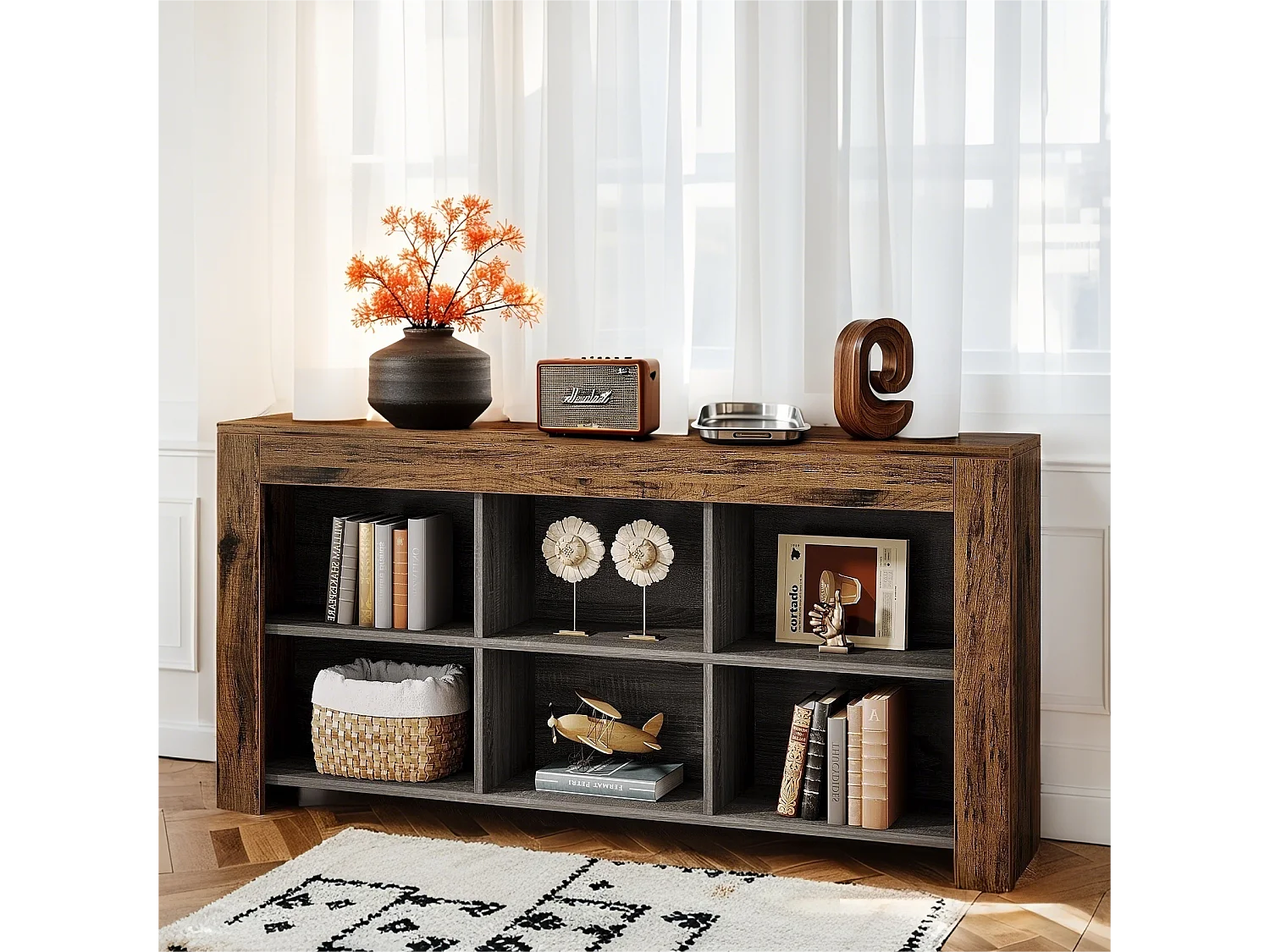 Table Console, 160 x 30 x 80 cm, Table d'appoint, Table d'entrée en Bois Rustique avec 6 Cubes de Rangement pour Entrée, Couloir, Salon, Marron Vintage