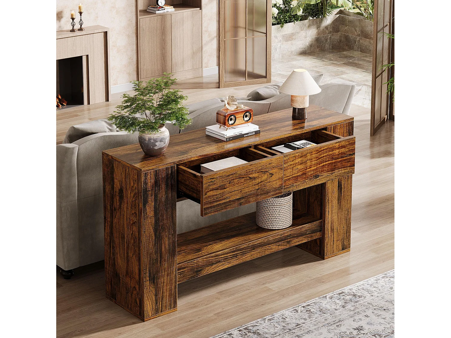 Table Console Marron Rustique avec 2 tiroirs de rangement, Table Console étroite à 2 Niveaux 140cm pour Salon, Couloir, entrée