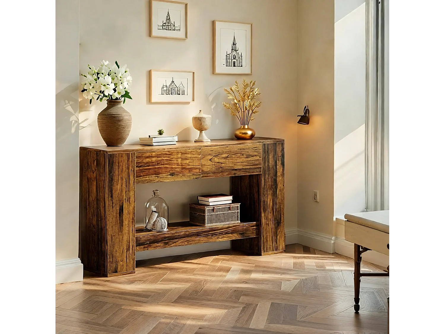 Table Console Marron Rustique avec 2 tiroirs de rangement, Table Console étroite à 2 Niveaux 140cm pour Salon, Couloir, entrée