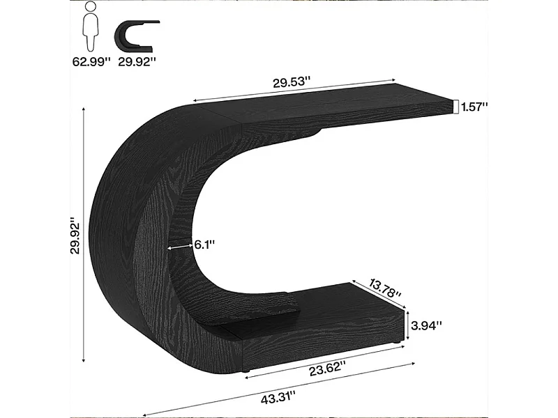 Table console en forme de C, table de canapé derrière le canapé, longue table d'entrée 140 cm, table console étroite, table de couloir pour entrée, salon, Noir