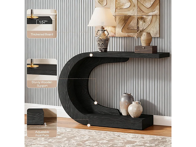 Table console en forme de C, table de canapé derrière le canapé, longue table d'entrée 140 cm, table console étroite, table de couloir pour entrée, salon, Noir