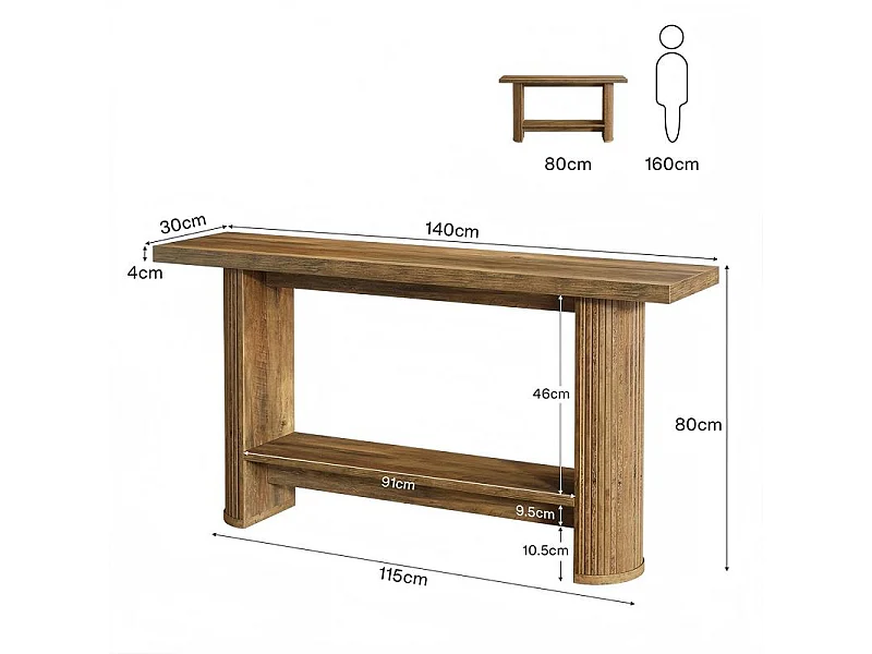Console Meuble à 2 niveaux, Console d’entrée en bois rustique, Tables d'entrée de 160 cm Table de canapé étroite pour Salon, Marron
