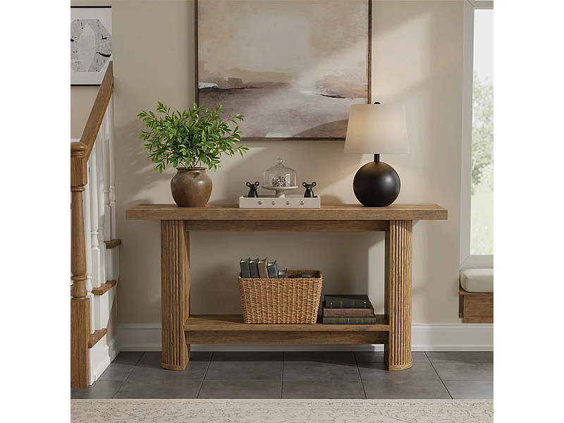 Console Meuble à 2 niveaux, Console d’entrée en bois rustique, Tables d'entrée de 160 cm Table de canapé étroite pour Salon, Marron