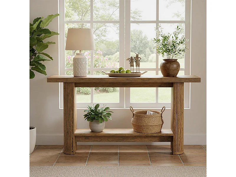 Console Meuble à 2 niveaux, Console d’entrée en bois rustique, Tables d'entrée de 160 cm Table de canapé étroite pour Salon, Marron