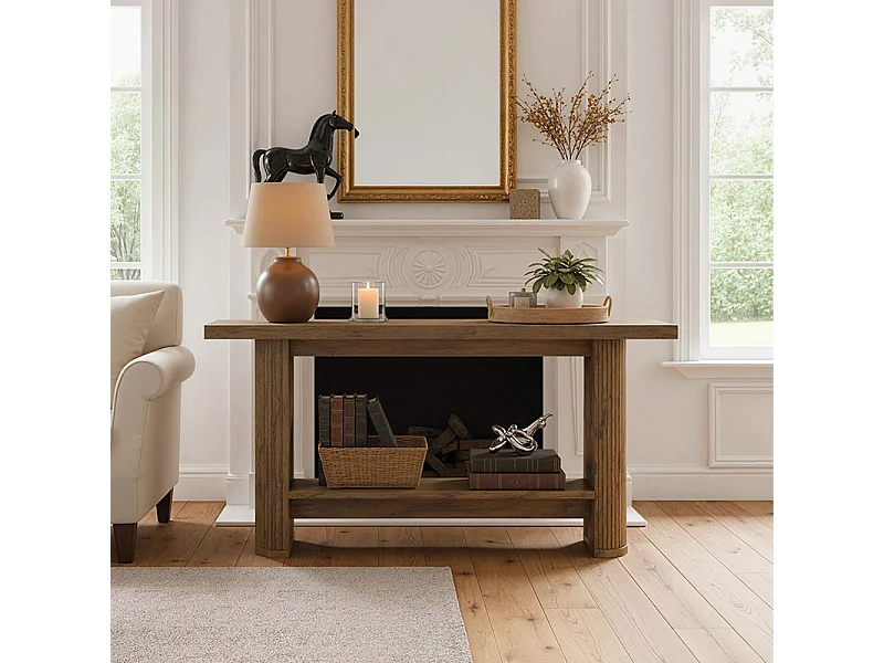 Console Meuble à 2 niveaux, Console d’entrée en bois rustique, Tables d'entrée de 160 cm Table de canapé étroite pour Salon, Marron