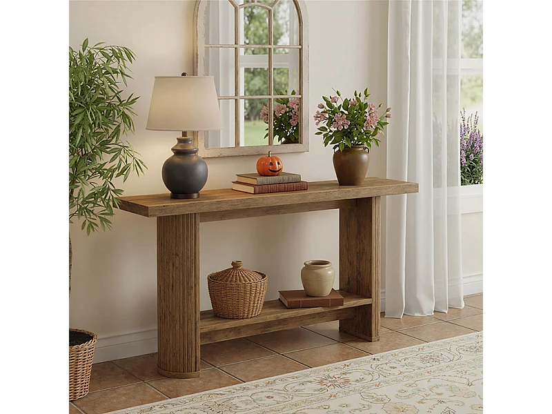 Console Meuble à 2 niveaux, Console d’entrée en bois rustique, Tables d'entrée de 160 cm Table de canapé étroite pour Salon, Marron