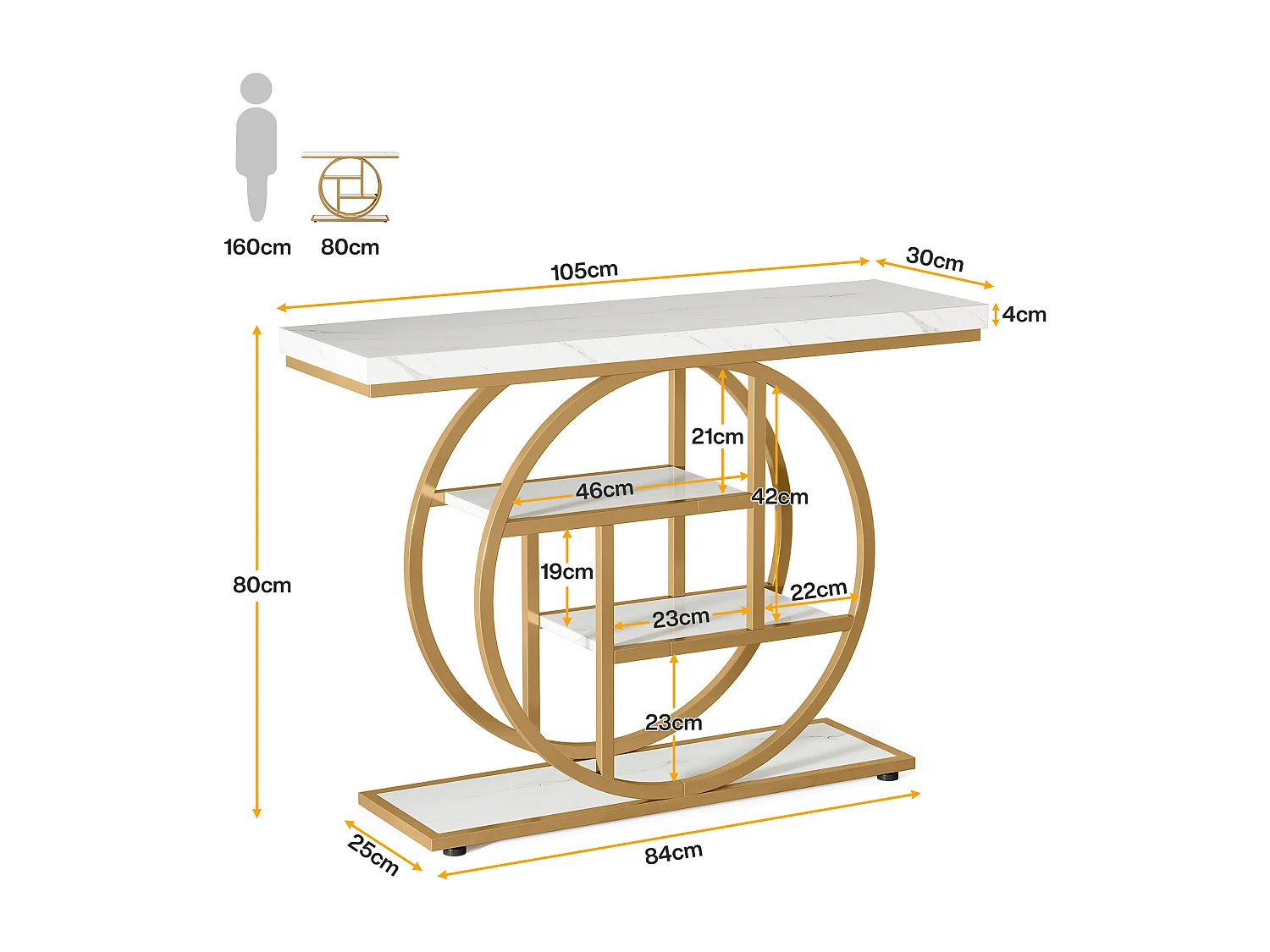 Table Console Industrielle 4 Niveaux avec Base Circulaire Dorée - Table d'Appoint Étroite en Bois avec Étagères pour Salon,Blanc et Doré