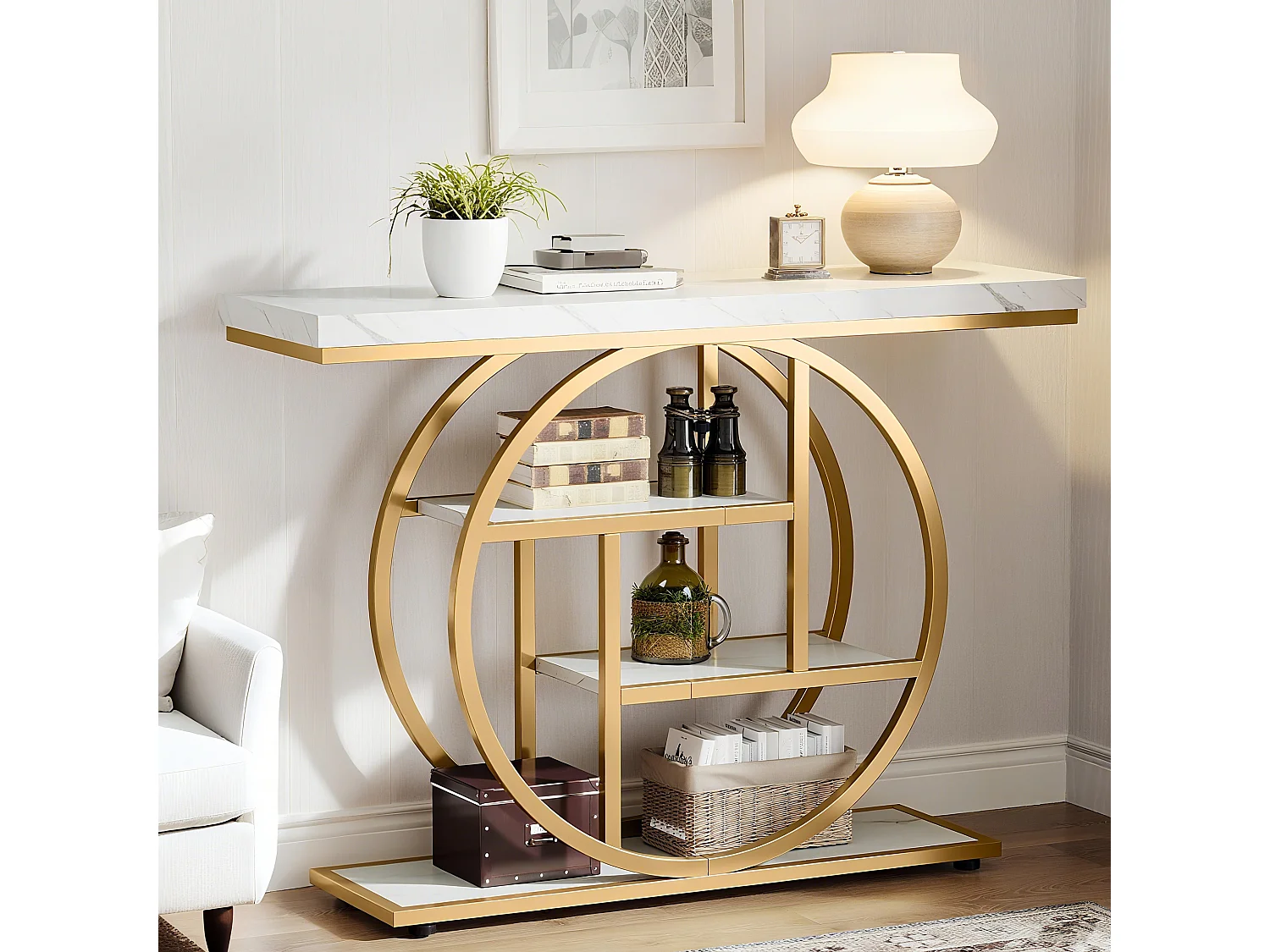 Table Console Industrielle 4 Niveaux avec Base Circulaire Dorée - Table d'Appoint Étroite en Bois avec Étagères pour Salon,Blanc et Doré