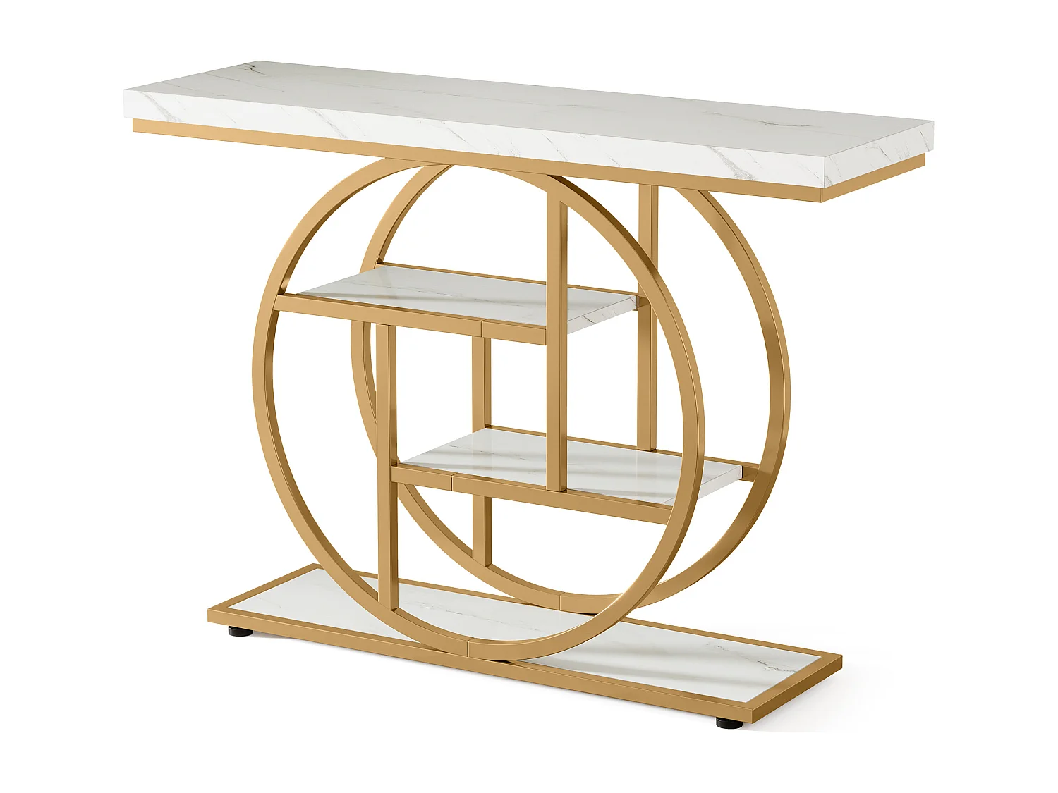 Table Console Industrielle 4 Niveaux avec Base Circulaire Dorée - Table d'Appoint Étroite en Bois avec Étagères pour Salon,Blanc et Doré