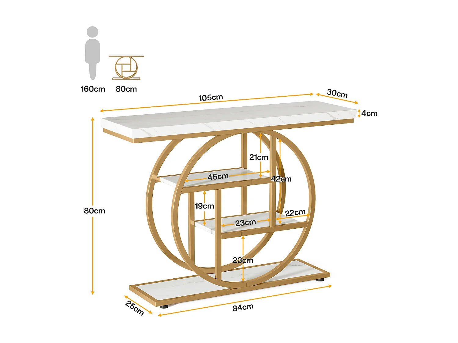 Table Console Industrielle 4 Niveaux avec Base Circulaire Dorée - Table d'Appoint Étroite en Bois avec Étagères pour Salon,Blanc et Doré