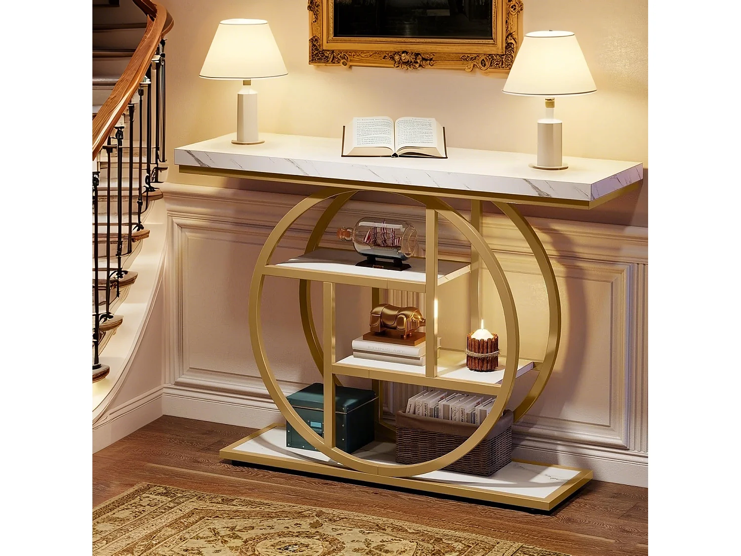 Table Console Industrielle 4 Niveaux avec Base Circulaire Dorée - Table d'Appoint Étroite en Bois avec Étagères pour Salon,Blanc et Doré