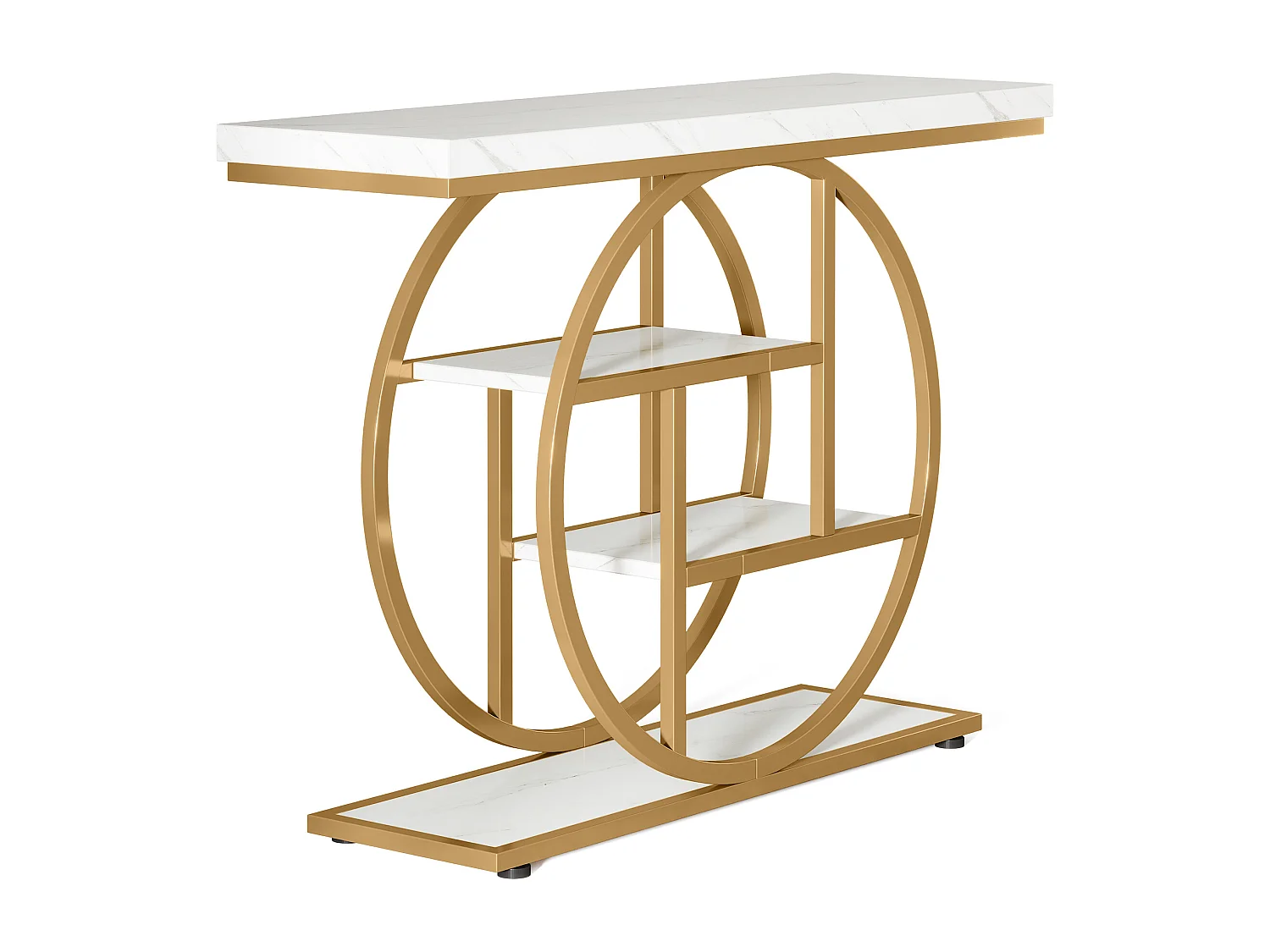 Table Console Industrielle 4 Niveaux avec Base Circulaire Dorée - Table d'Appoint Étroite en Bois avec Étagères pour Salon,Blanc et Doré