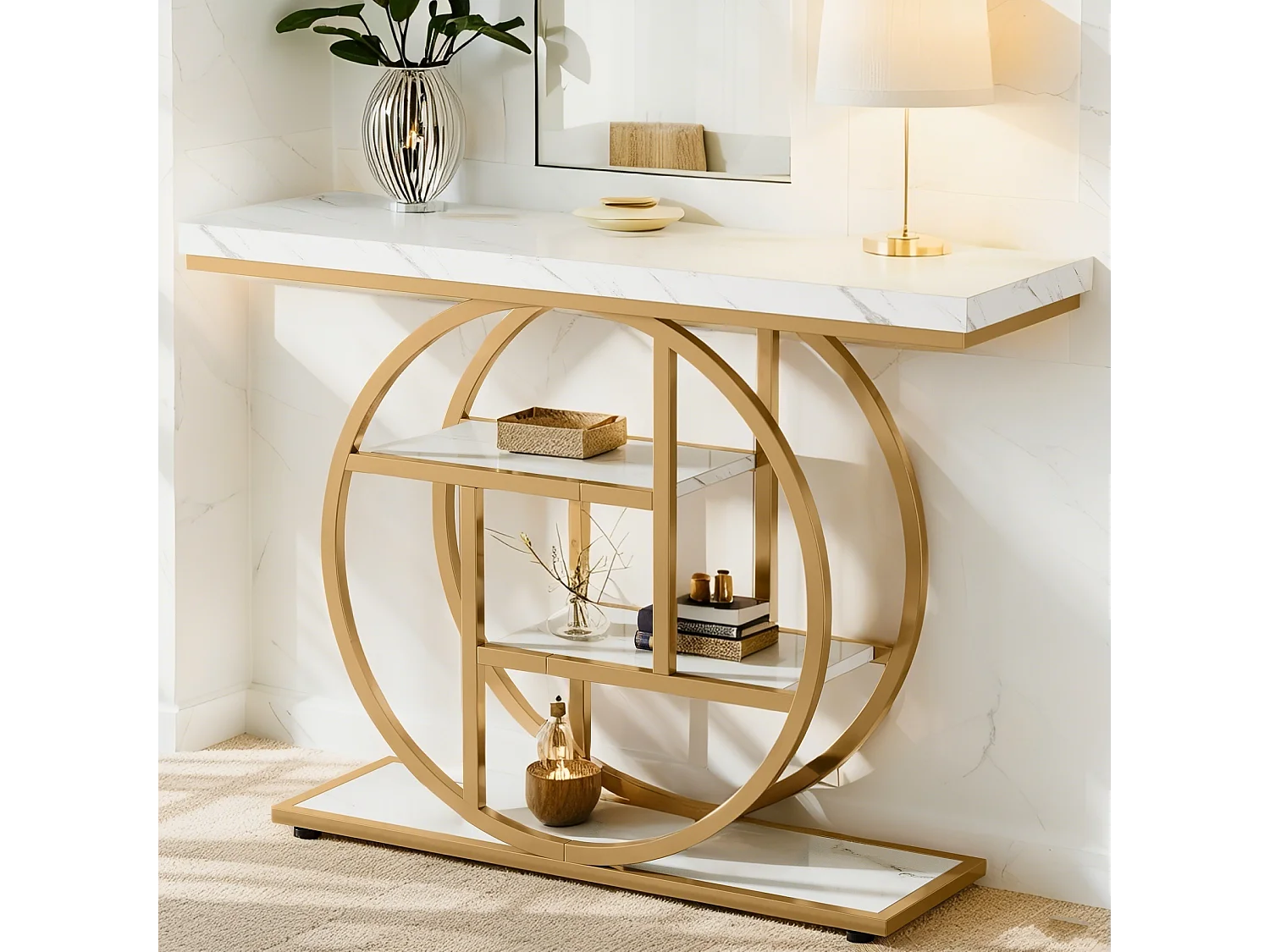 Table Console Industrielle 4 Niveaux avec Base Circulaire Dorée - Table d'Appoint Étroite en Bois avec Étagères pour Salon,Blanc et Doré