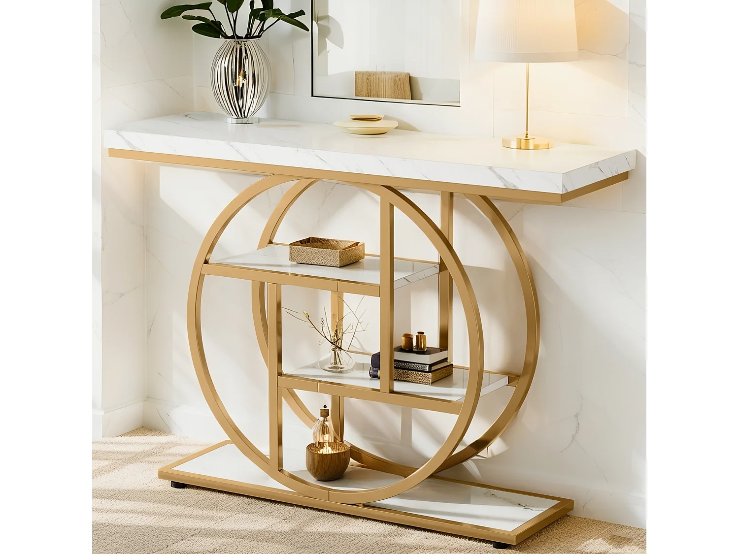 Table Console Industrielle 4 Niveaux avec Base Circulaire Dorée - Table d'Appoint Étroite en Bois avec Étagères pour Salon,Blanc et Doré