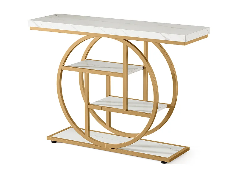 Table Console Industrielle 4 Niveaux avec Base Circulaire Dorée - Table d'Appoint Étroite en Bois avec Étagères pour Salon,Blanc et Doré
