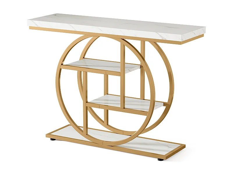 Table Console Industrielle 4 Niveaux avec Base Circulaire Dorée - Table d'Appoint Étroite en Bois avec Étagères pour Salon,Blanc et Doré
