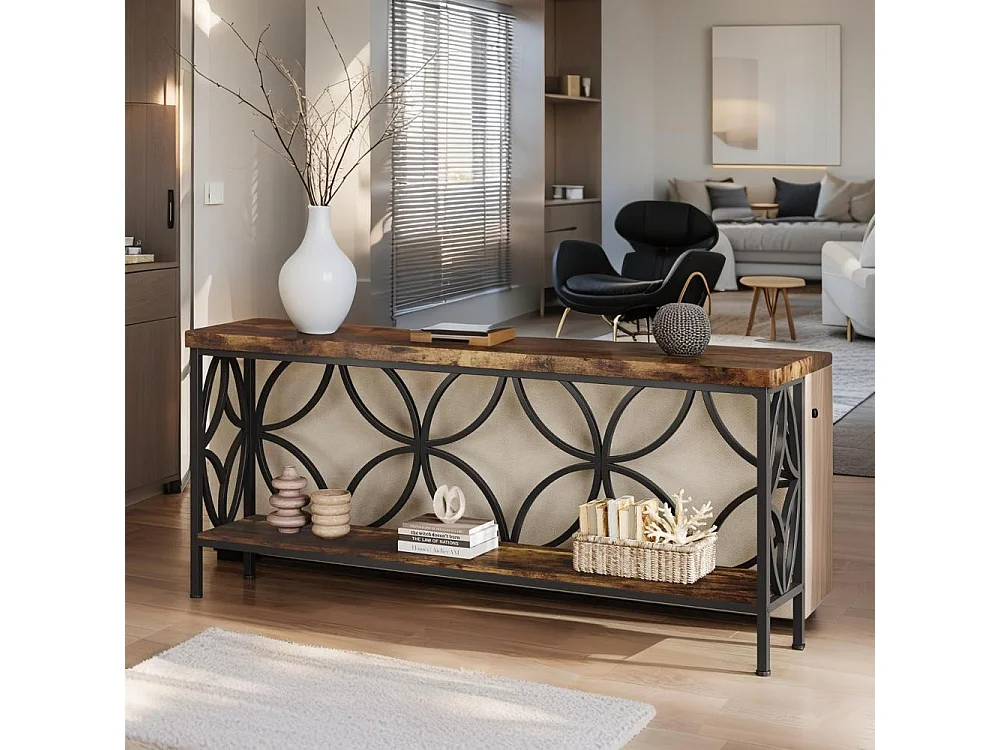 Table console étroite à 3 niveaux ,160 cm ,Table d'appoint avec 6 étagères cubiques ,Pour salon, couloir, entrée, Marron rustique