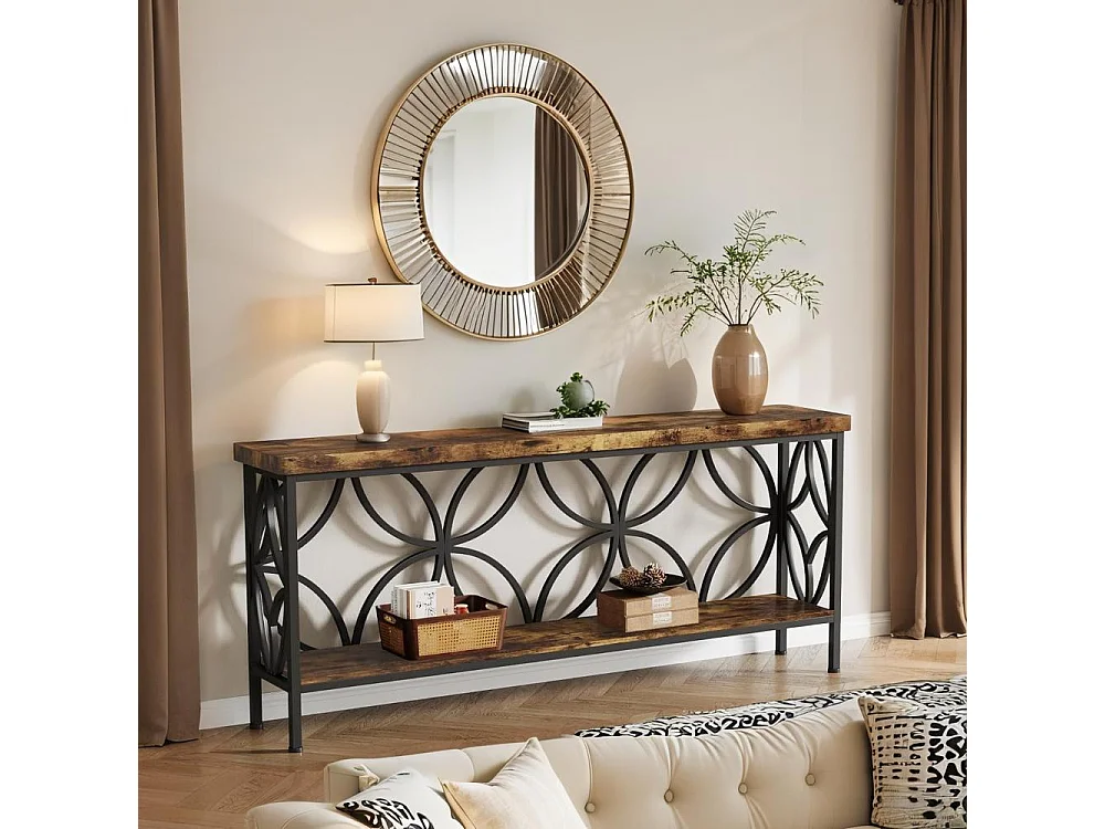 Table console étroite à 3 niveaux ,160 cm ,Table d'appoint avec 6 étagères cubiques ,Pour salon, couloir, entrée, Marron rustique