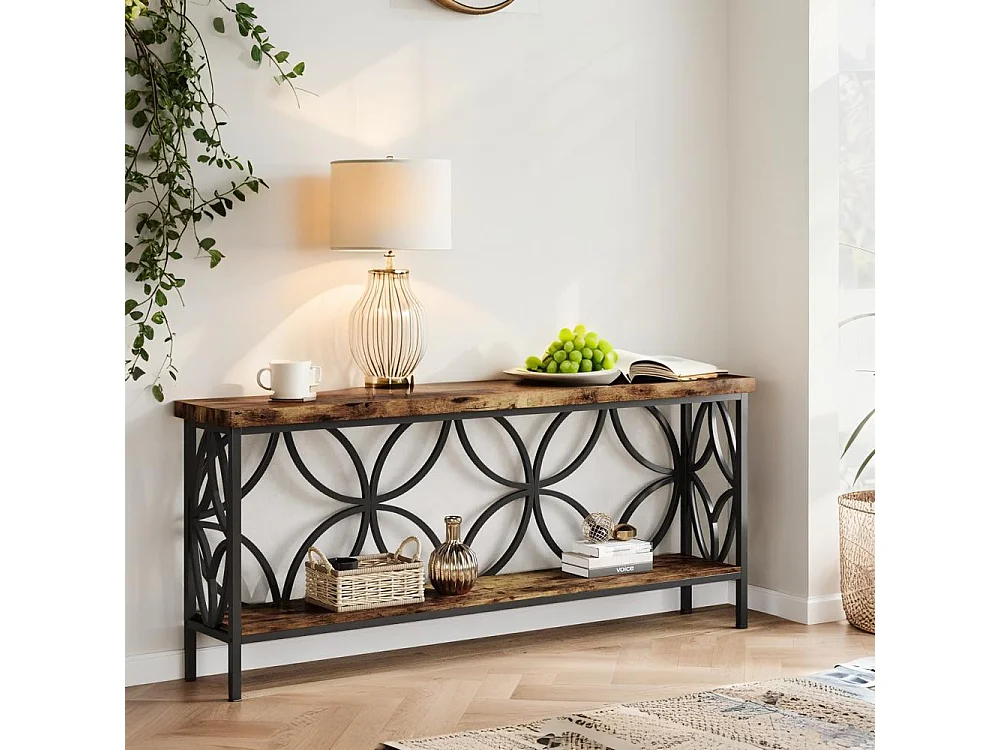 Table console étroite à 3 niveaux ,160 cm ,Table d'appoint avec 6 étagères cubiques ,Pour salon, couloir, entrée, Marron rustique