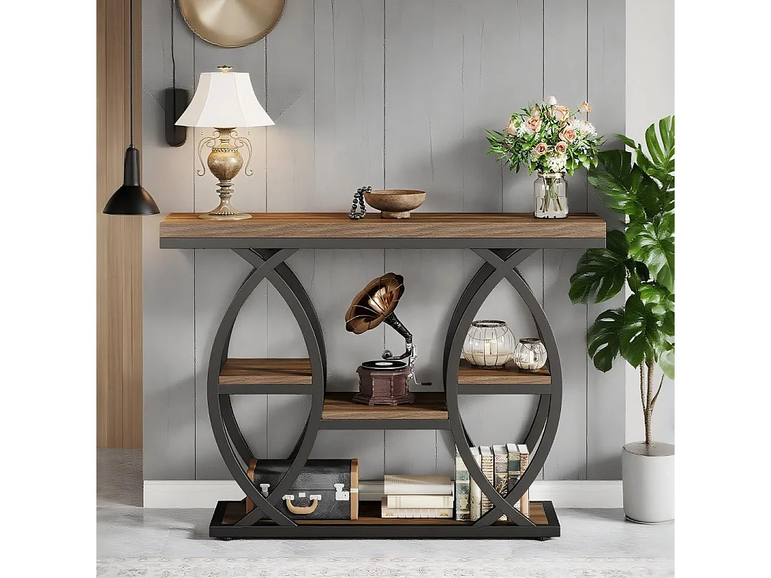 Table Console Industrielle à 4 Niveaux avec étagères de Rangement, 100 cm Table d'appoint étroite en Bois avec Cadre en métal pour Petits espaces, Couloir, Foyer