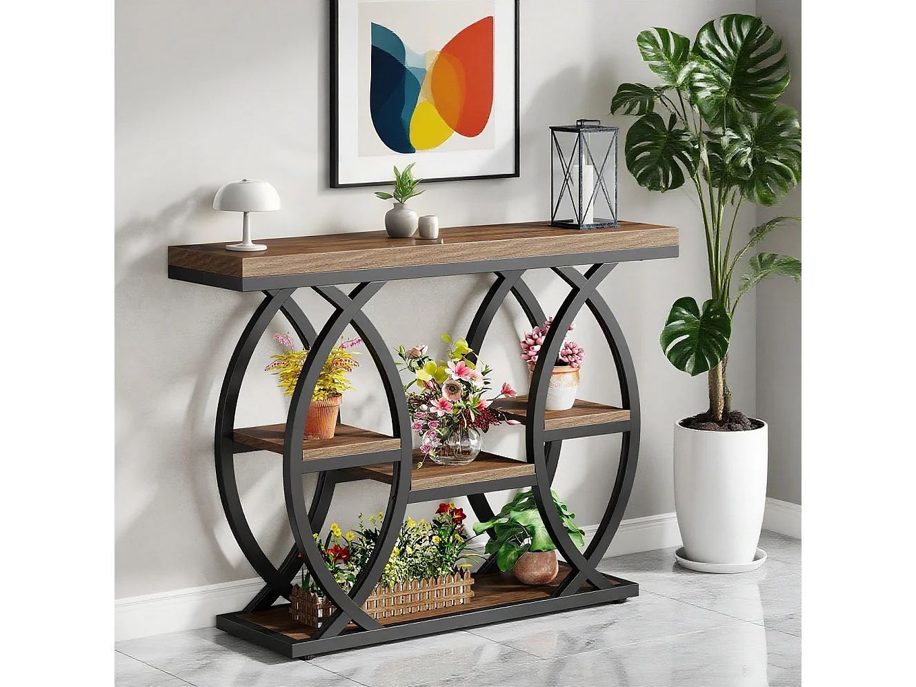 Table Console Industrielle à 4 Niveaux avec étagères de Rangement, 100 cm Table d'appoint étroite en Bois avec Cadre en métal pour Petits espaces, Couloir, Foyer