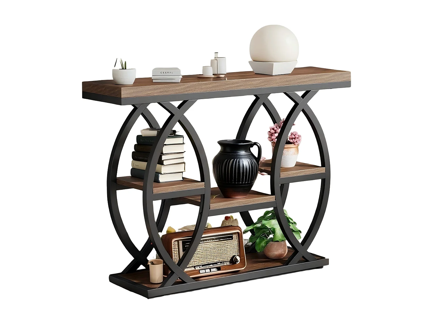 Table Console Industrielle à 4 Niveaux avec étagères de Rangement, 100 cm Table d'appoint étroite en Bois avec Cadre en métal pour Petits espaces, Couloir, Foyer