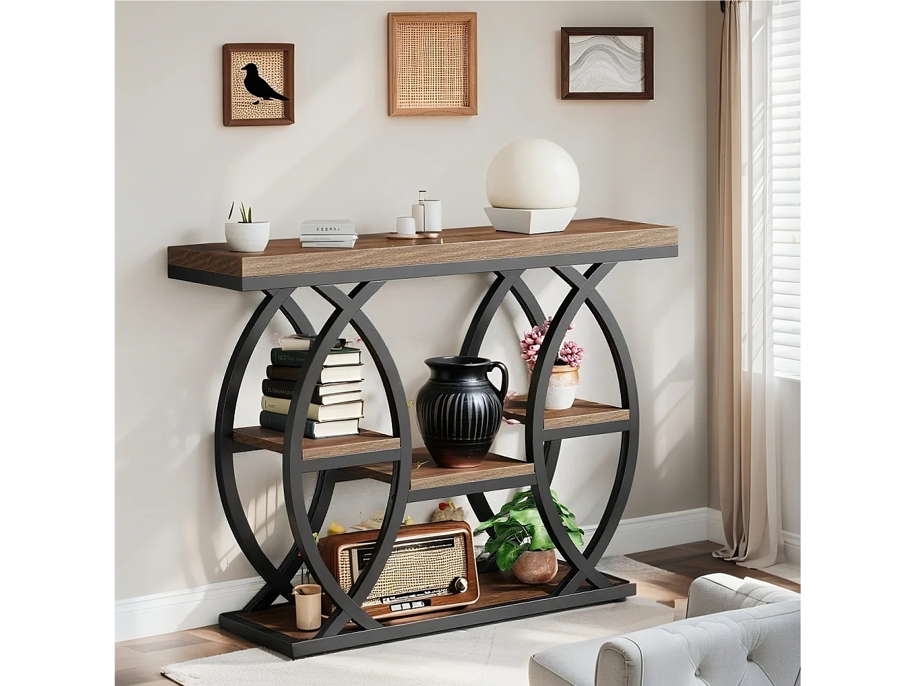 Table Console Industrielle à 4 Niveaux avec étagères de Rangement, 100 cm Table d'appoint étroite en Bois avec Cadre en métal pour Petits espaces, Couloir, Foyer