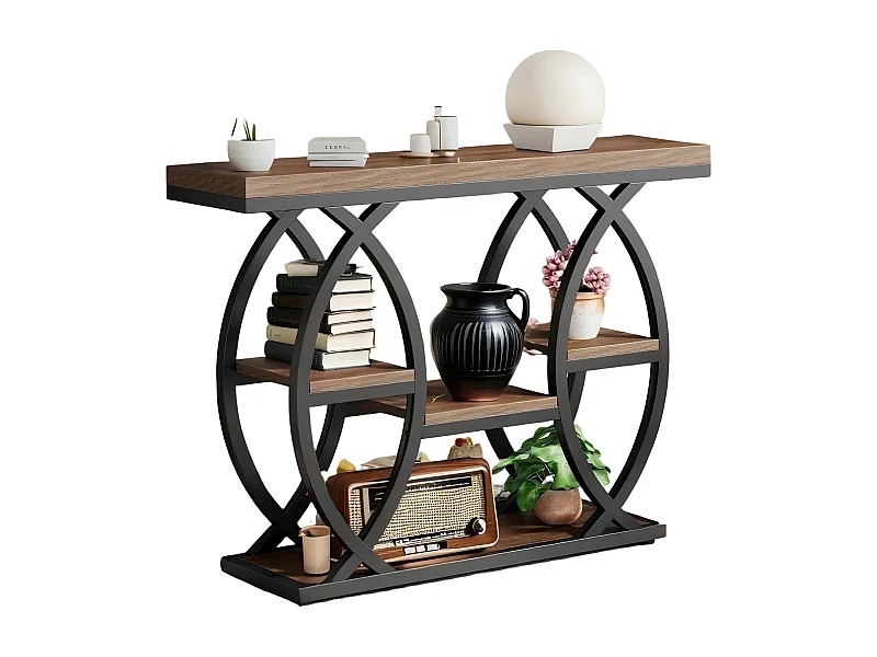 Table Console Industrielle à 4 Niveaux avec étagères de Rangement, 100 cm Table d'appoint étroite en Bois avec Cadre en métal pour Petits espaces, Couloir, Foyer