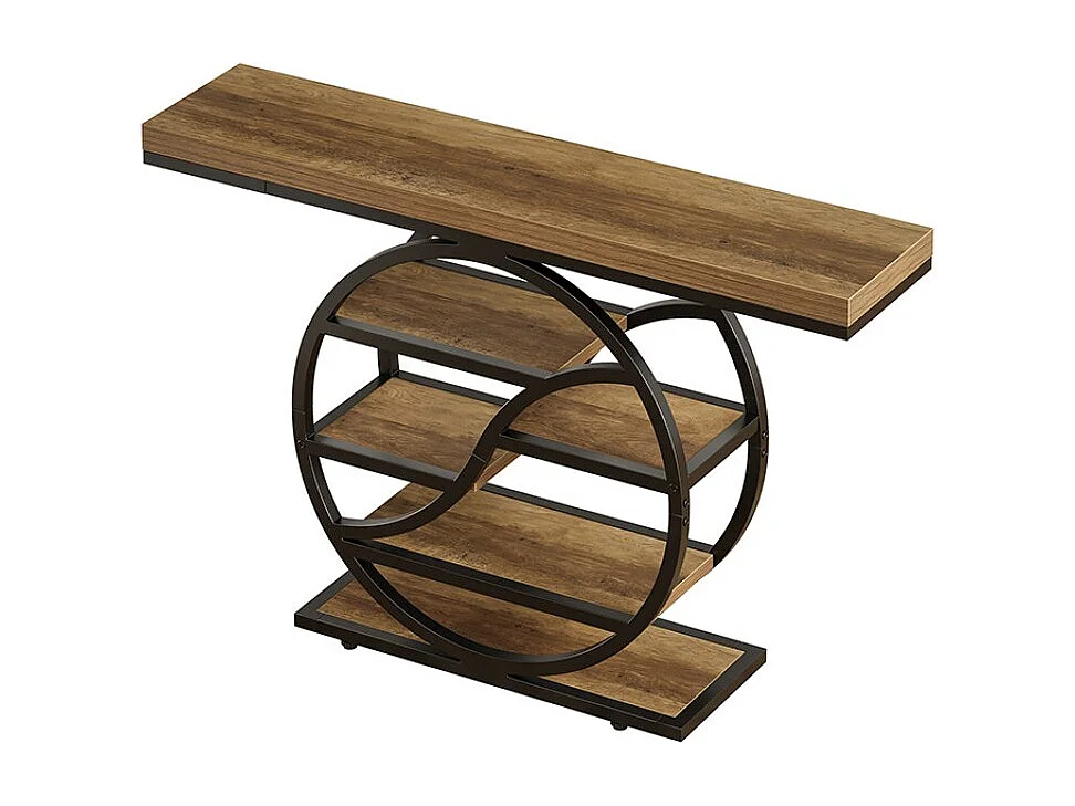 Table console industrielle à 5 étages de 120 cm avec socle circulaire, tables d'appoint étroites en bois avec étagères de rangement pour salon,couloir,entrée Marron