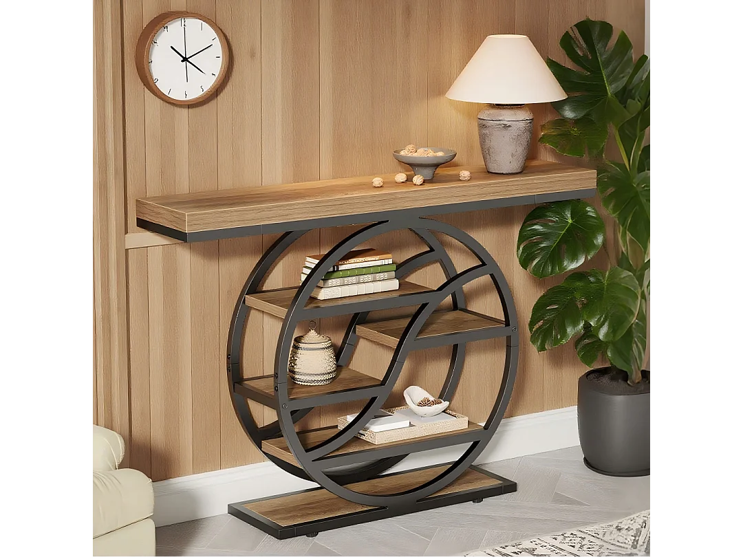 Table console industrielle à 5 étages de 120 cm avec socle circulaire, tables d'appoint étroites en bois avec étagères de rangement pour salon,couloir,entrée Marron
